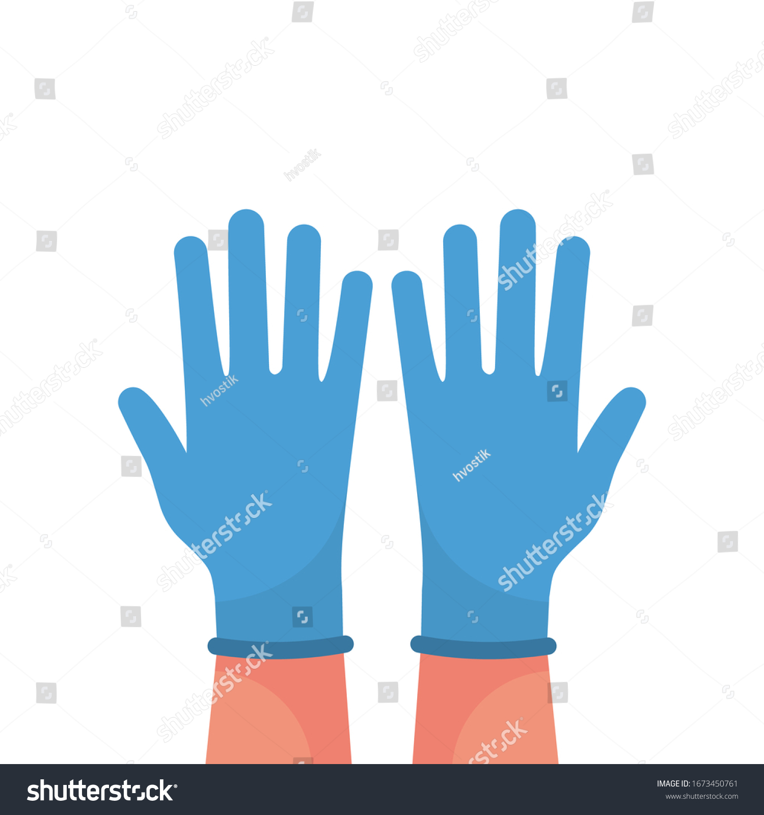 Hands putting on protective blue gloves. Latex gloves as a symbol of protection against viruses and bacteria. Precaution icon. Vector illustration flat design. Isolated on white background. #1673450761