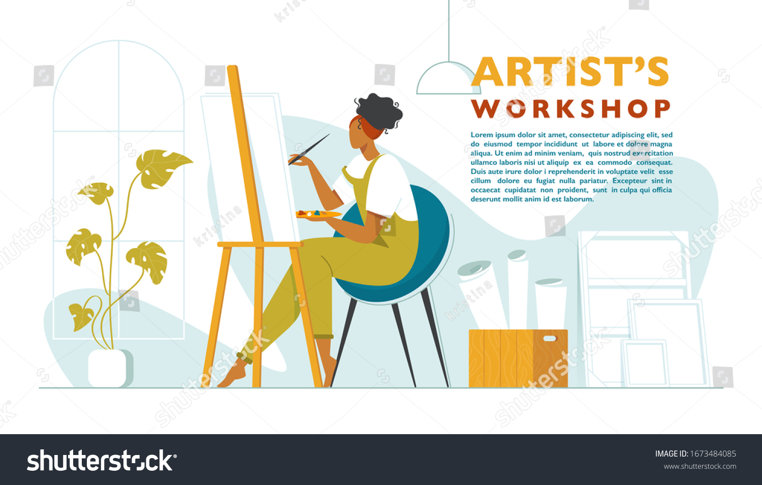 Cute woman paints on canvas in an art workshop. Artist creating picture. Art school or studio. Colorful vector illustration in flat style with a place for text. Artist's workshop poster #1673484085
