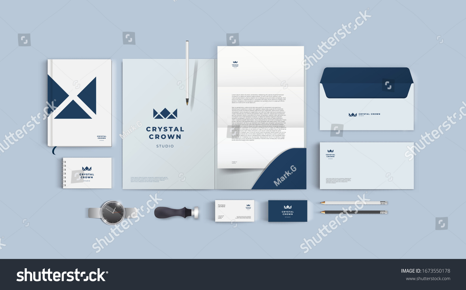 Stationery design mock up set for corporate identity or branding. Dark blue color style and grey background. Realistic top view corporate style set. #1673550178