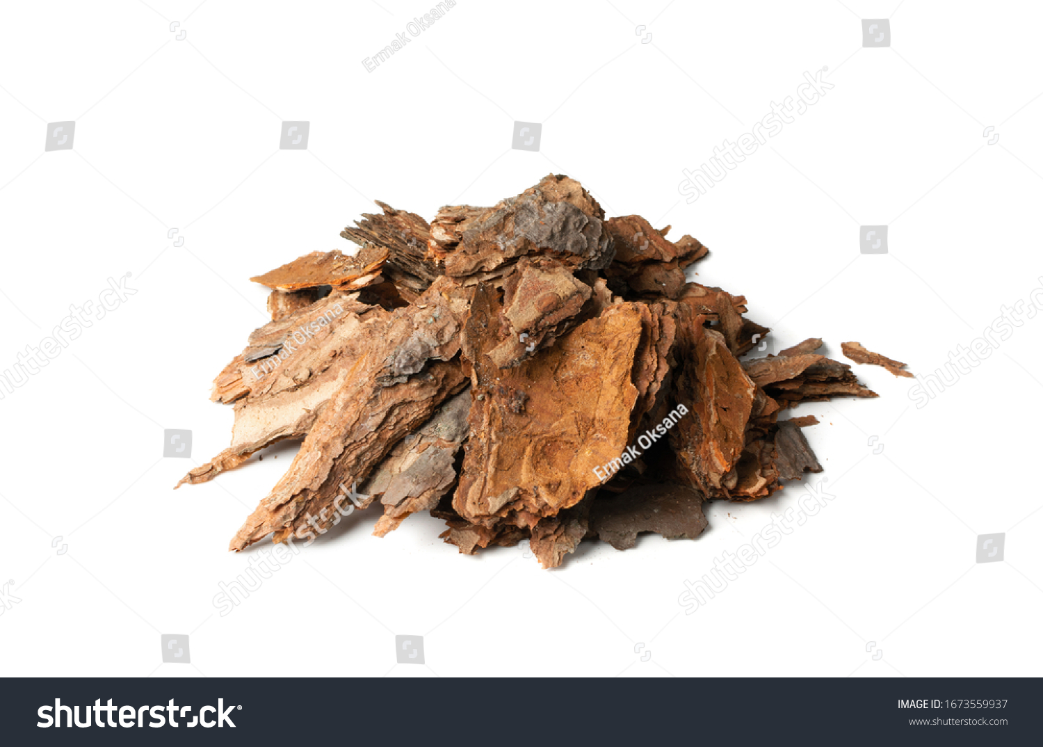 Heap of Dry Pine Tree Bark Pieces Isolated on White. Broken Woods Nature Chip #1673559937