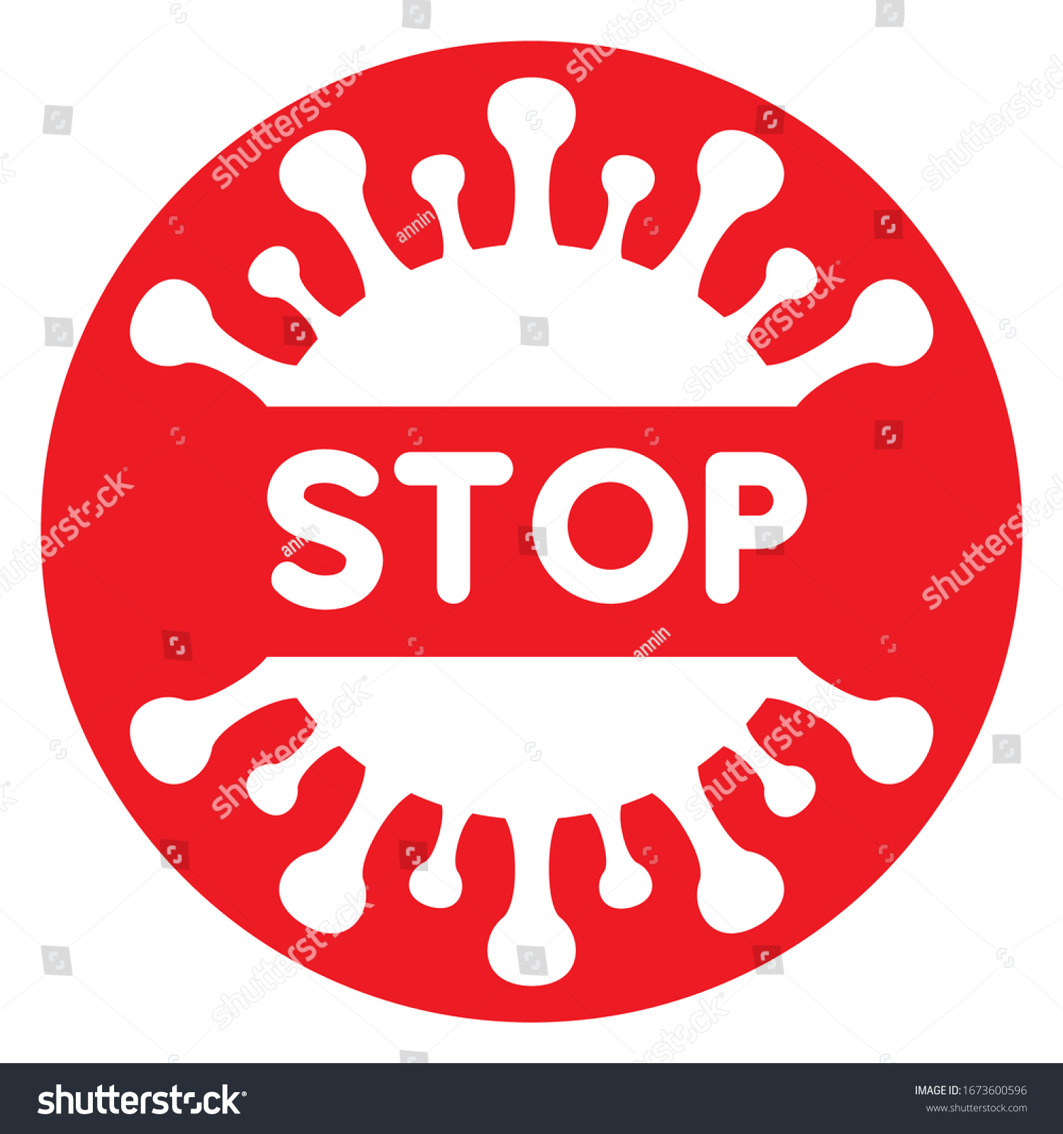 Vector illustration of stoppage sign with virus inside, stop symbol with coronavirus, prohibition sign with covid 19, Stop Virus logo, red and white isolated Stop Coronavirus symbol, cessation flu #1673600596