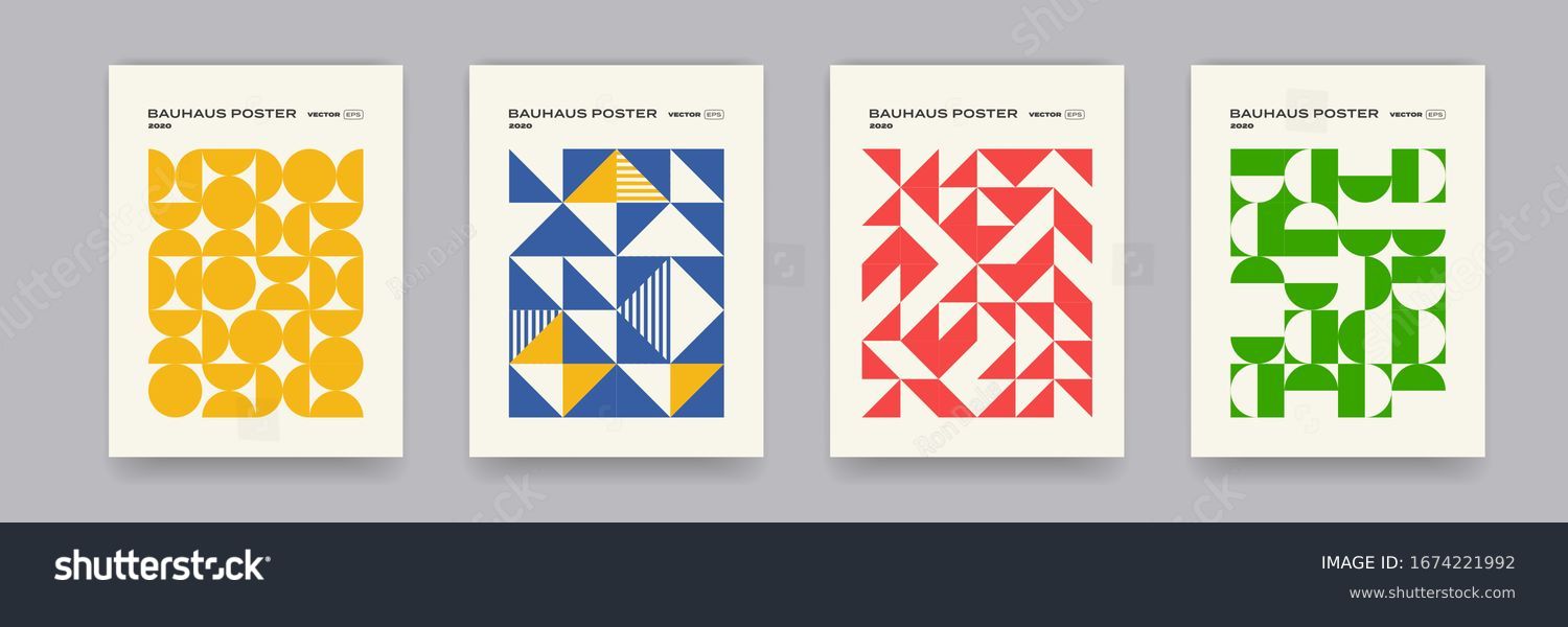 Bauhaus geometric pattern background, vector abstract circle, triangle and square lines art. Yellow, blue, red and green color, trendy Bauhaus pattern backgrounds set #1674221992