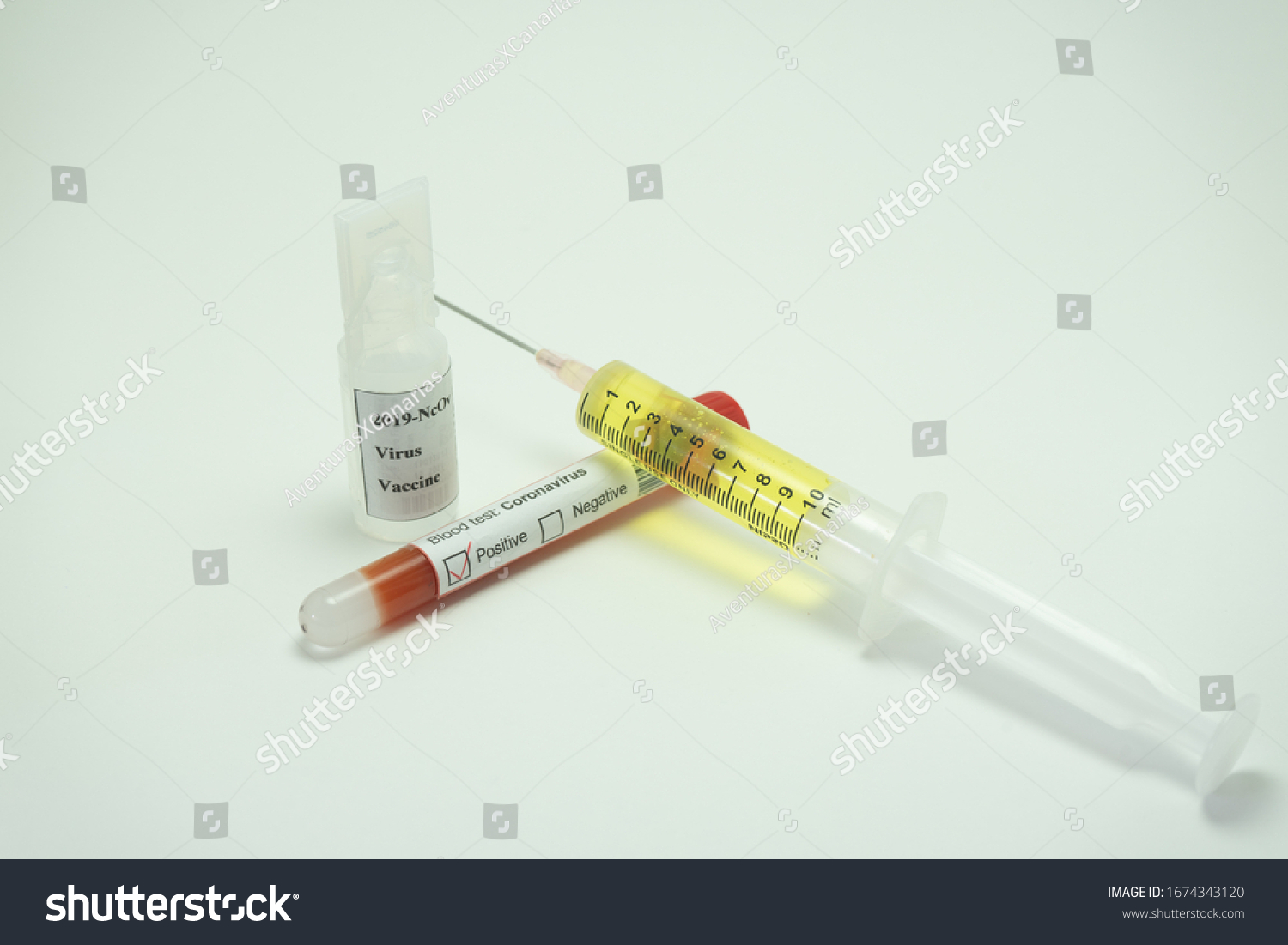 Coronavirus vaccine next to a tube of blood that indicates positive for this disease.  The 2019-NcOv affects many countries but especially in China, Italy and Spain. #1674343120