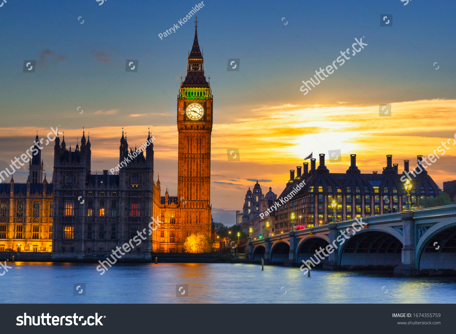 Big Ben and Westminster Bridge in London at sunset, UK #1674355759