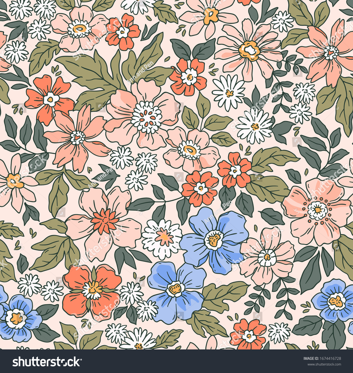 Elegant floral pattern in small hand draw flowers. Liberty style. Floral seamless background for fashion prints. Vintage print. Seamless vector texture. Spring bouquet. #1674416728