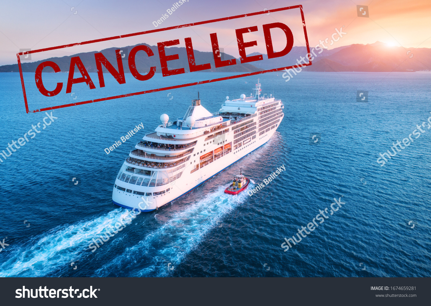 Cruise ship travel holidays cancelled because of epidemic of coronavirus. Crisis in the cruise industry. Cruise cancellation because of pandemic of Covid-19. Quarantine in cruise liner. Red text #1674659281