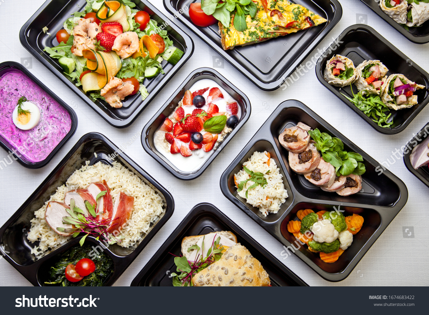 Catering food with healthy balanced diet delicious lunch box boxed take away deliver packed ready  meal in black container dinner, meal, brakfast #1674683422