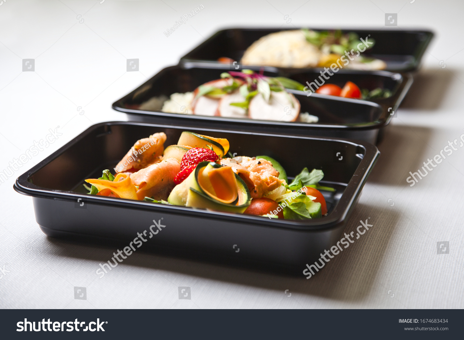 Catering food with healthy balanced diet delicious lunch box gastronomy boxed take away deliver packed ready meal in black container restaurant inn dinner, meal, brakfast #1674683434