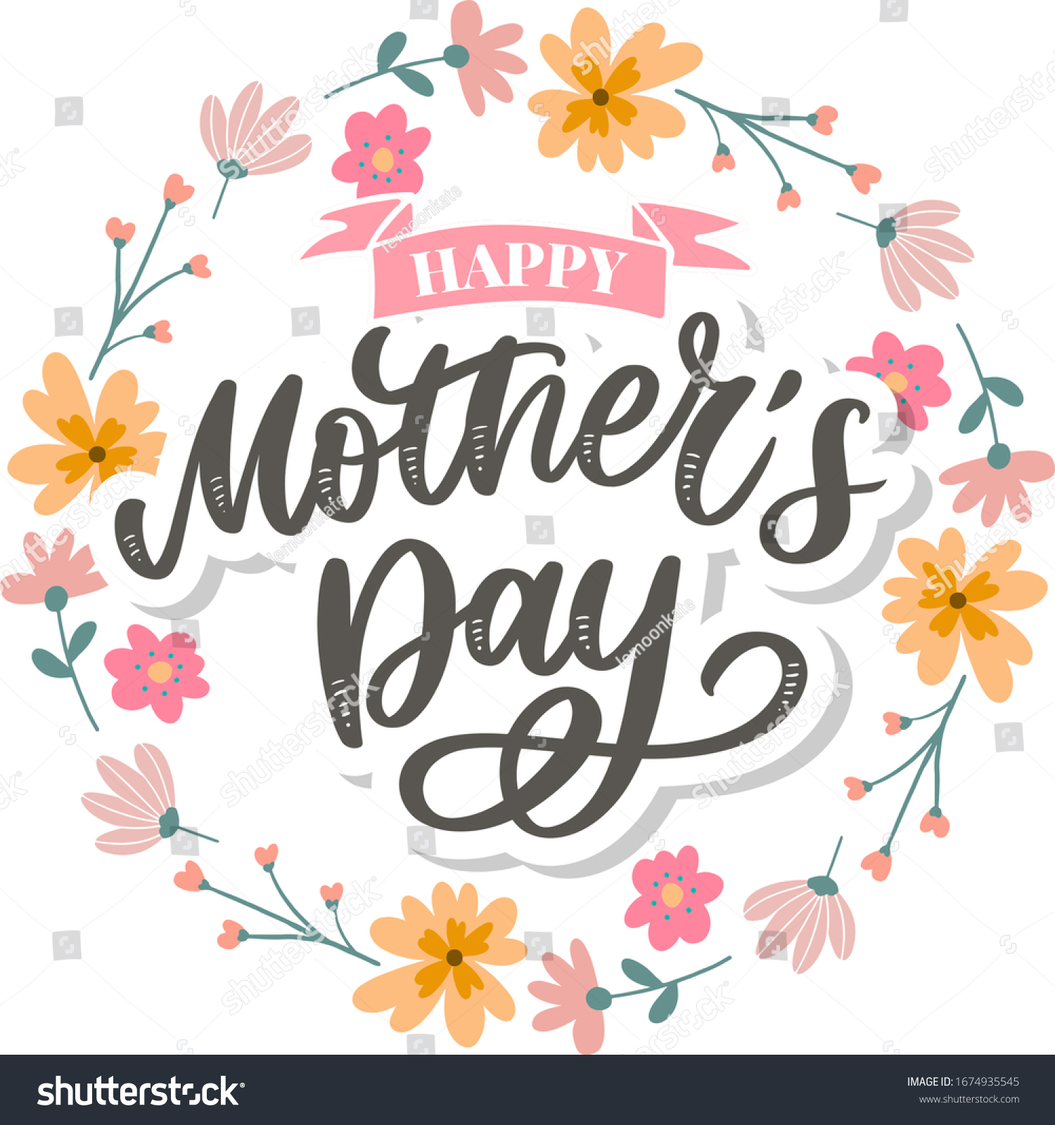 Happy Mothers Day lettering. Handmade calligraphy vector illustration. Mother's day card with flowers #1674935545