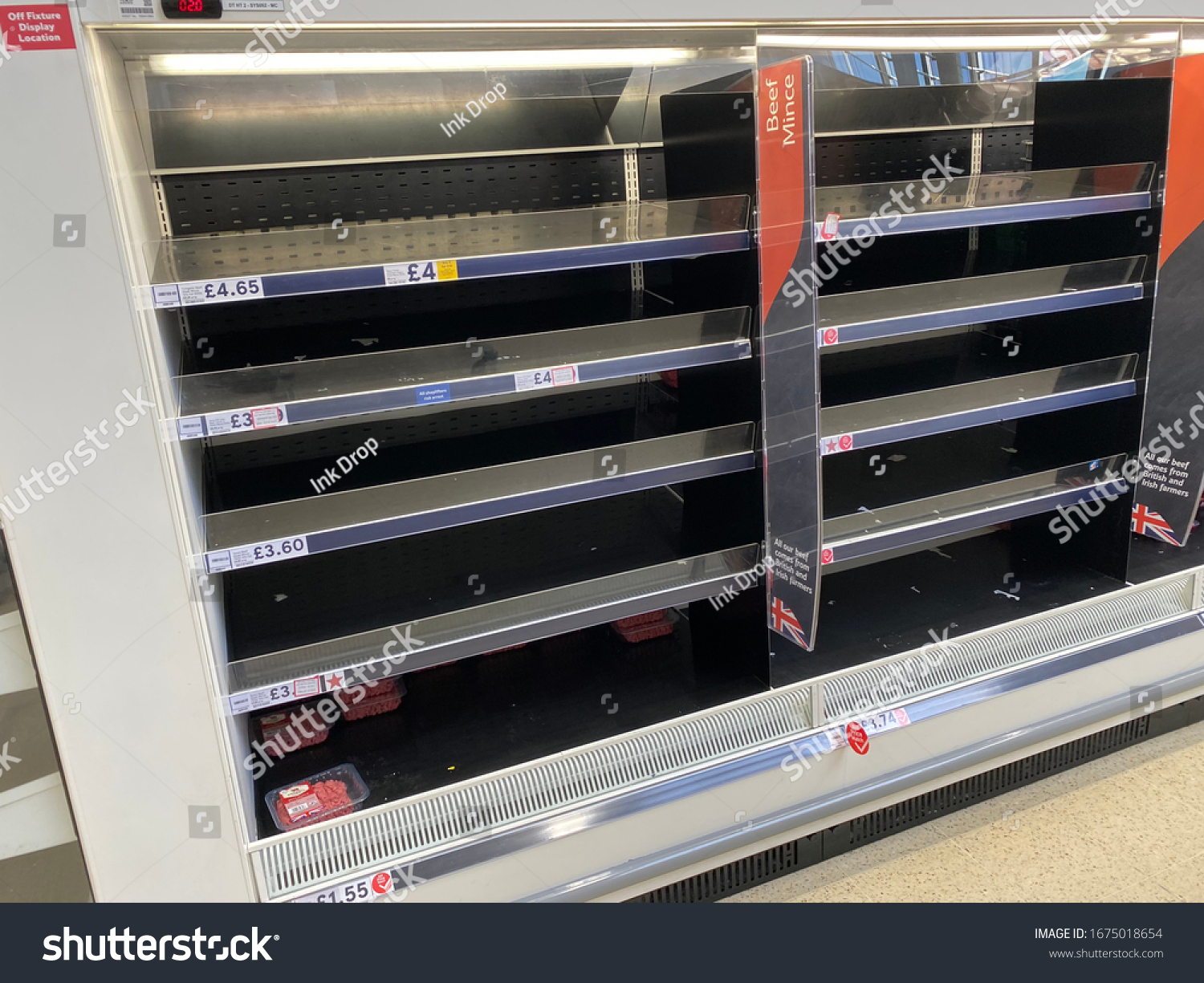 OXFORD, UK - March 16th 2020: Empty supermarket shelves at a local grocery store as people prepare for coronavirus lockdown #1675018654
