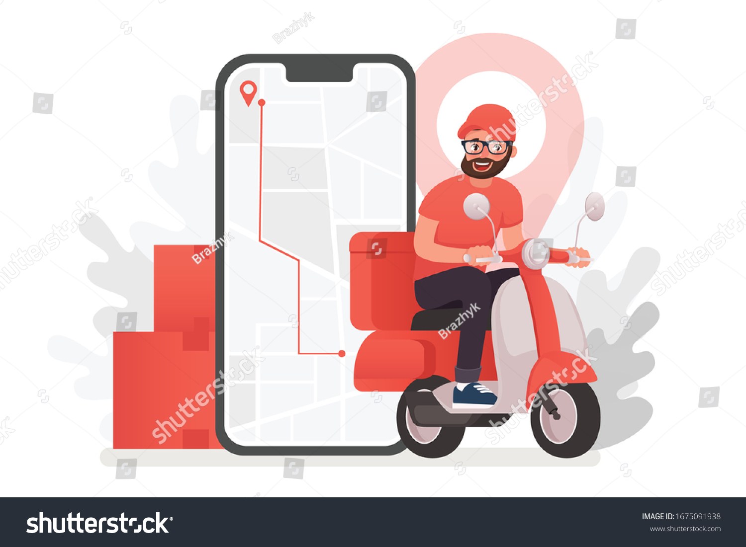Scooter with delivery man flat vector cartoon character. Fast courier. Restaurant food service, mail delivery service, a postal employee the determination of geolocation using electronic device #1675091938