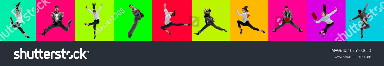 Collage of 2 young emotional jumping people on multicolored bright background. Concept of human emotions, facial expression, sales. Header, banner or proposal. Office style, ballet, dance concept. #1675100650
