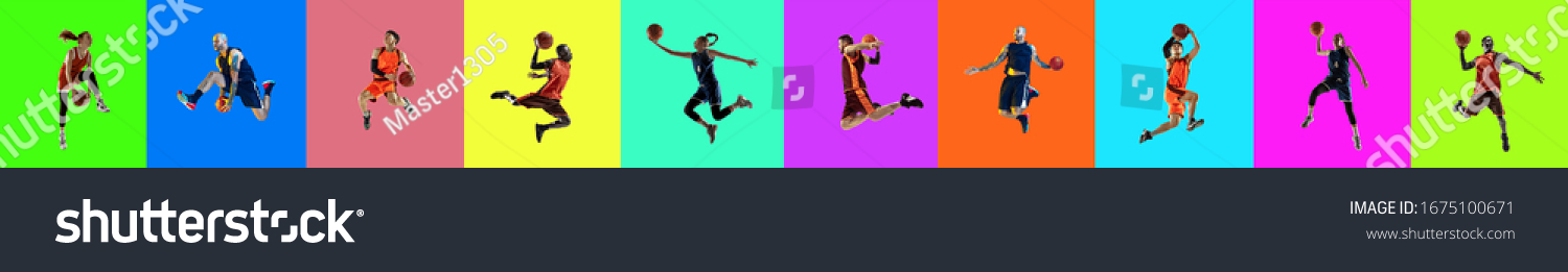 Collage of 5 young emotional jumping people on multicolored bright background. Human emotions, facial expression, sales. Header, banner or proposal flyer. Sport, basketball, action, motion concept. #1675100671