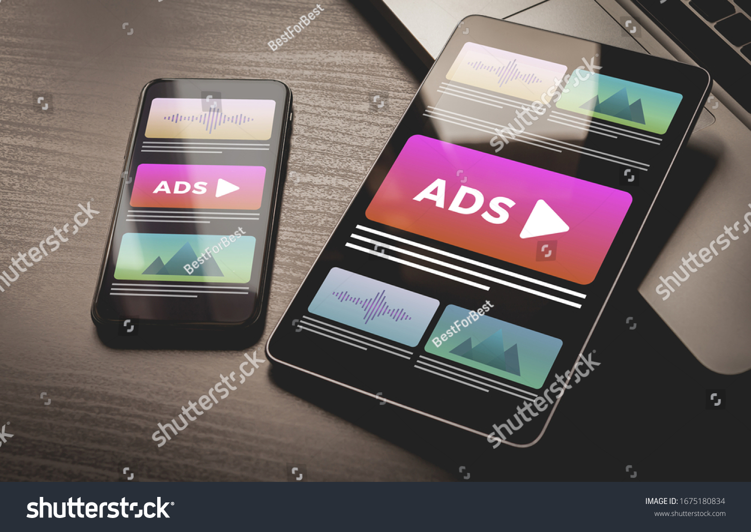 Programmatic Advertising concept. Youtube Online native targeting ads marketing strategy. Inbound Advertising media banner block when viewing a site on a mobile phone and tablet pc screens #1675180834