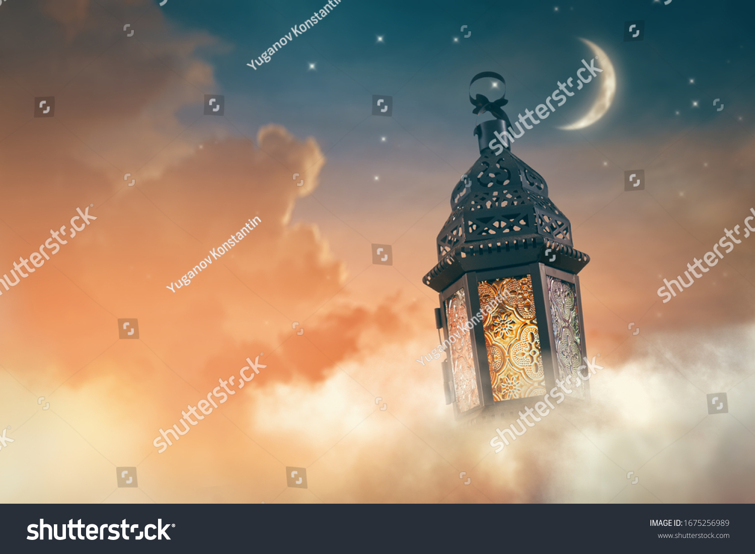 Ornamental Arabic lantern with burning candle glowing at night. Festive greeting card, invitation for Muslim holy month Ramadan Kareem. #1675256989