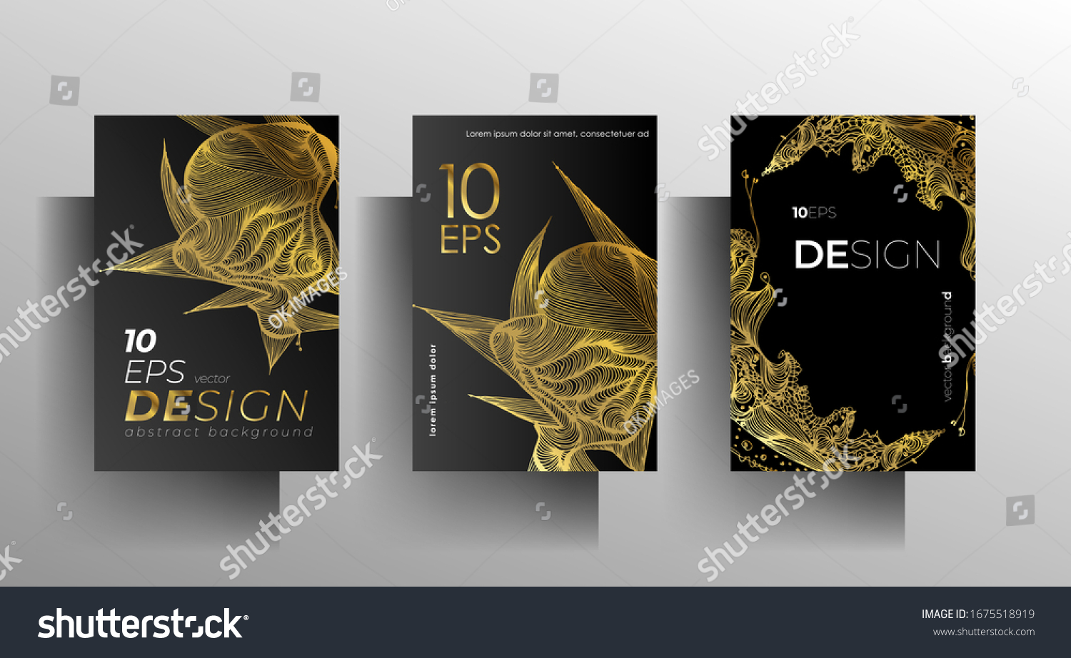 Cover design for book, magazine, brochure catalog template set. Hand-drawn graphic elements black with gold. Vector 10 EPS. #1675518919