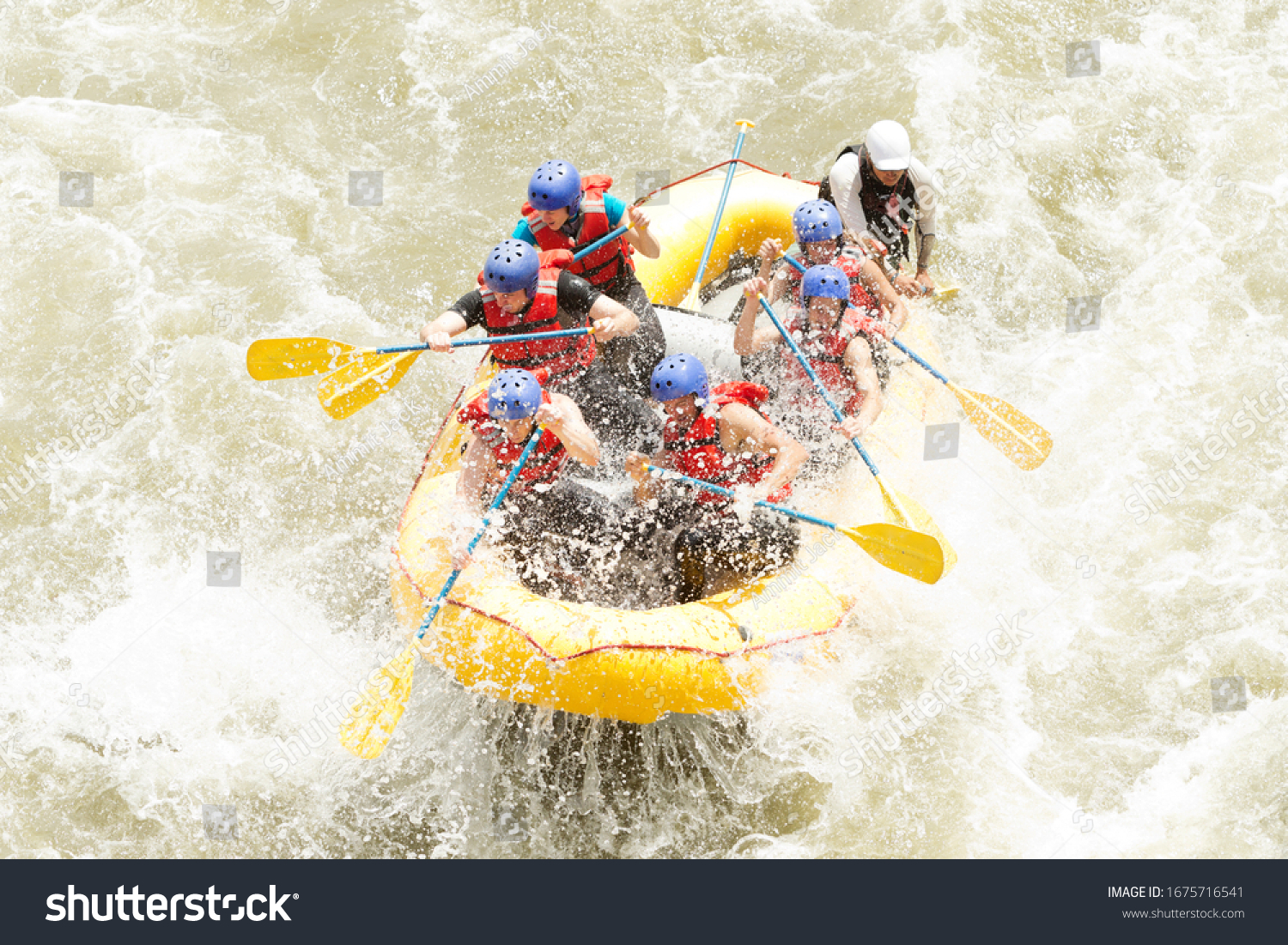 A team of men and a woman navigate through white water rapids on a raft, facing an adrenaline-pumping challenge with perseverance and determination. #1675716541