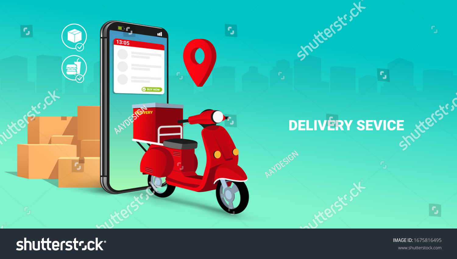 Fast delivery by scooter on mobile. E-commerce concept. Online food or pizza order and packaging box infographic. Webpage, app design. green gradient city background. Perspective vector illustration #1675816495