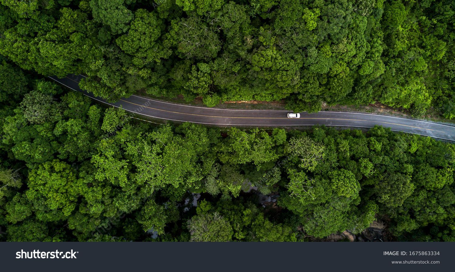 Aerial view asphalt road and green forest, Forest road going through forest with car adventure view from above, Ecosystem and ecology healthy environment concepts and background. #1675863334