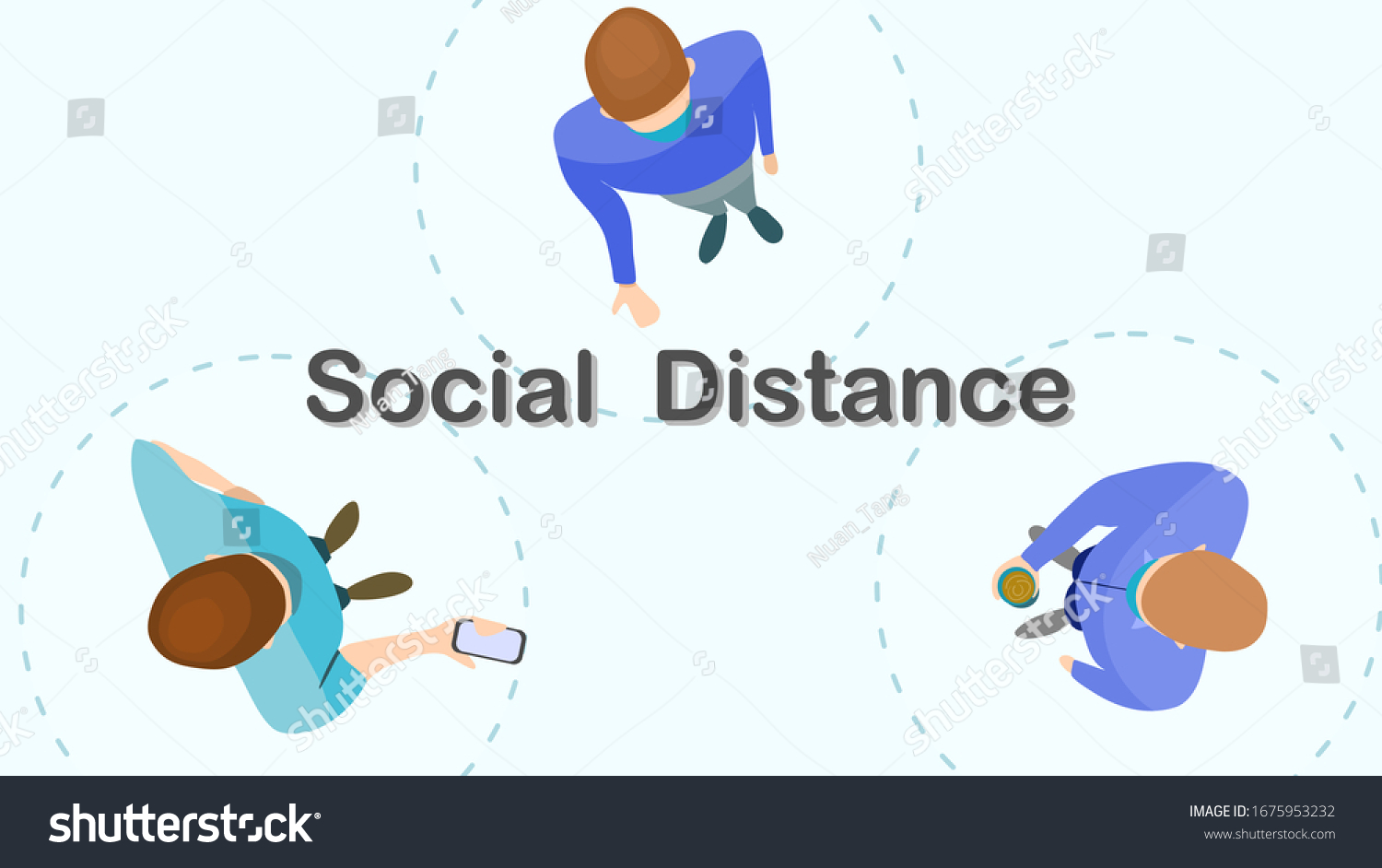 Social distance preventing infection concept : Top view of 1 meter isolation between person to stop spreading of respiratory virus. vector illustration, flat design #1675953232
