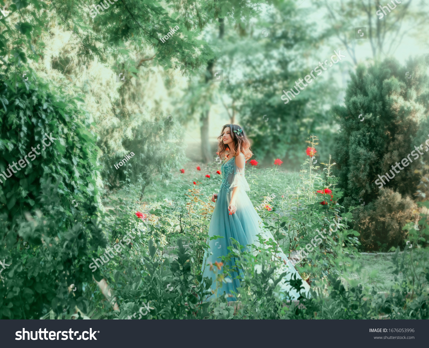 Вrunette girl wavy hair Hairstyle. green fairy forest. Medieval young beautiful woman Princess. blue vintage watercolor fluffy full dress, long train. Backdrop summer nature, garden trees red roses #1676053996