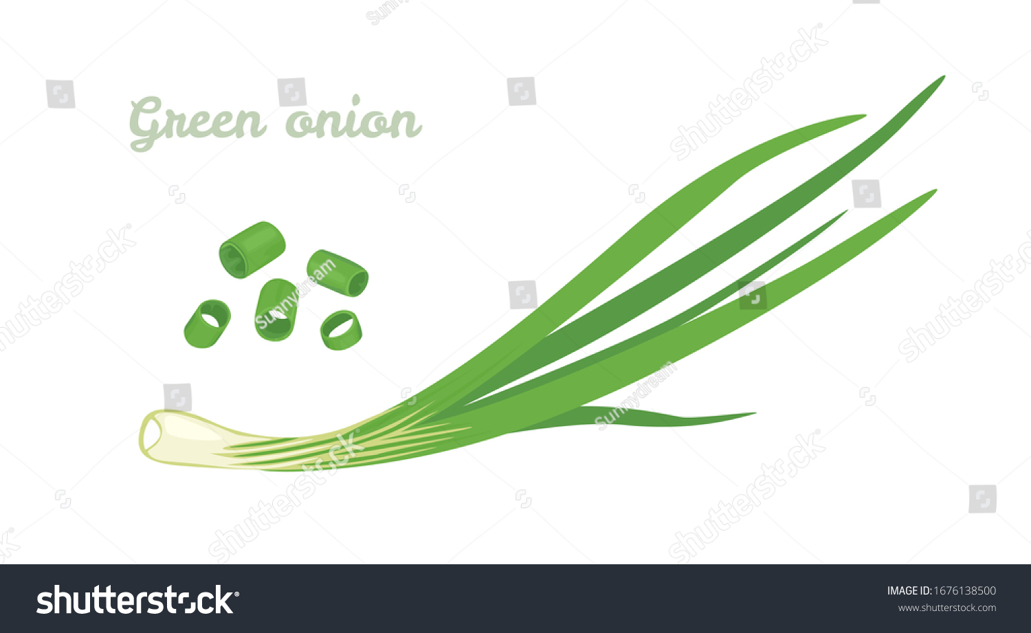 Green spring onions isolated on white background. Vector Chopped chives. Illustration of fresh cut green onion. Icon in cartoon flat style. #1676138500