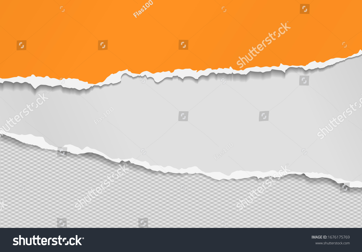 Torn, ripped pieces of horizontal orange and white paper with soft shadow are on grey squared background for text. Vector illustration #1676175769
