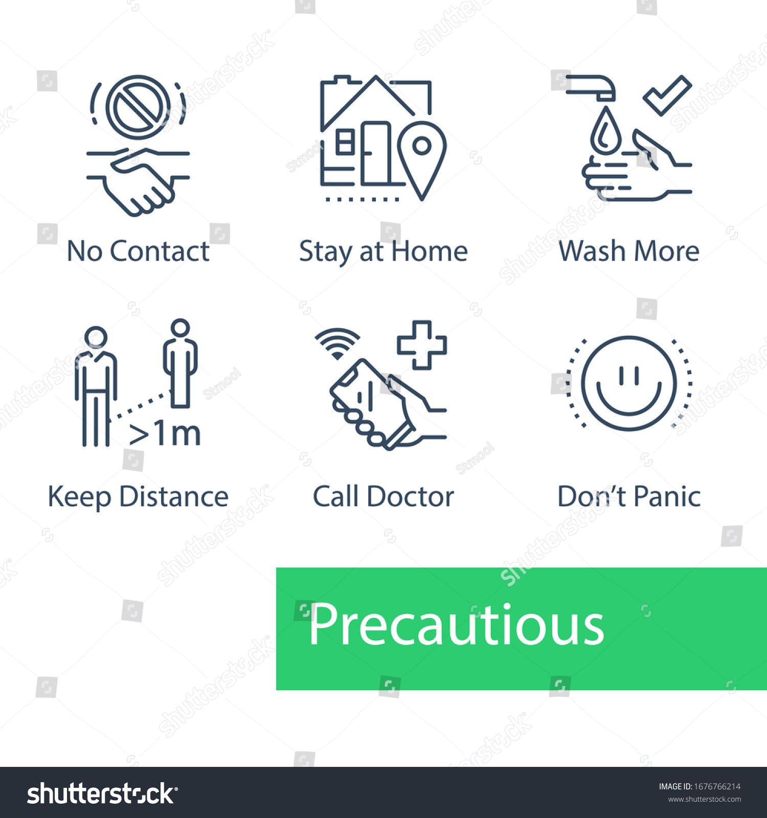 Virus outbreak precautions, preventive measures, safety instructions, pandemic quarantine, warning advice, flu spread, avoid social contact, stay home, wash hand, keep distance, call doctor, icon set #1676766214