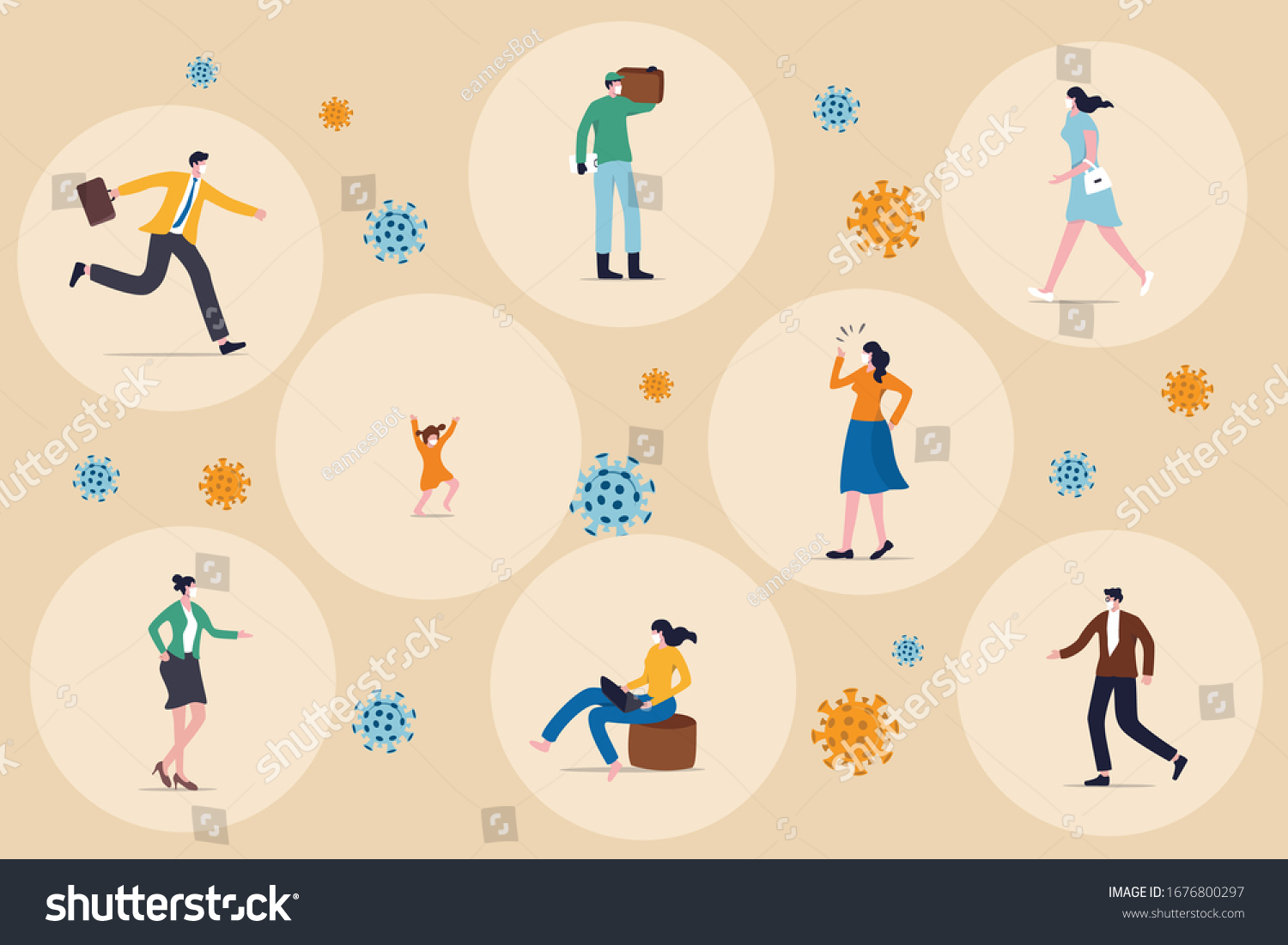 Social distancing concept, people keep distance in public society to protect from COVID-19 coronavirus outbreak spreading concept, people wearing mask keep distance away in circle with virus pathogens #1676800297