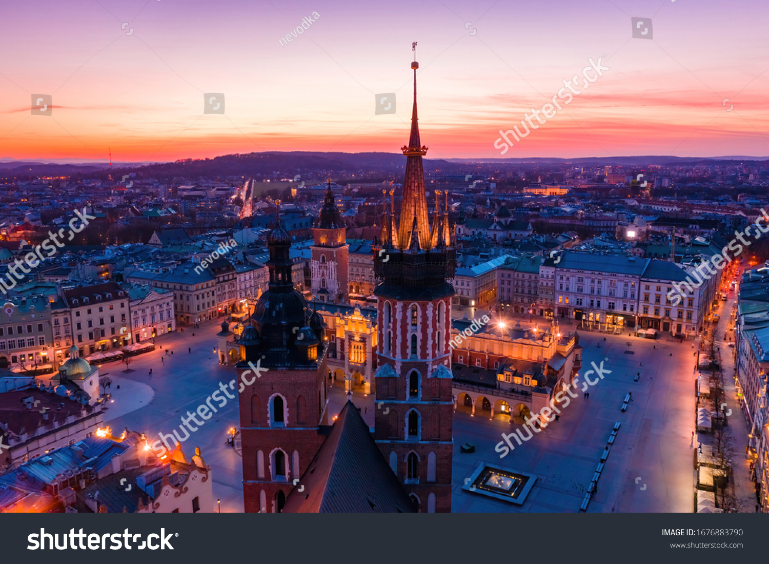Basilica at Krakow old town city square at twilight drone view #1676883790