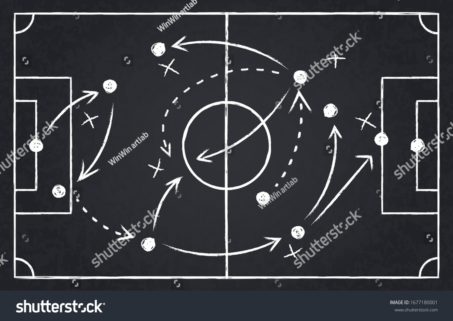 Chalk soccer strategy. Football team strategy and play tactic, soccer cup championship chalkboard game formation vector illustration set. Blackboard and chalkboard, soccer team strategy #1677180001
