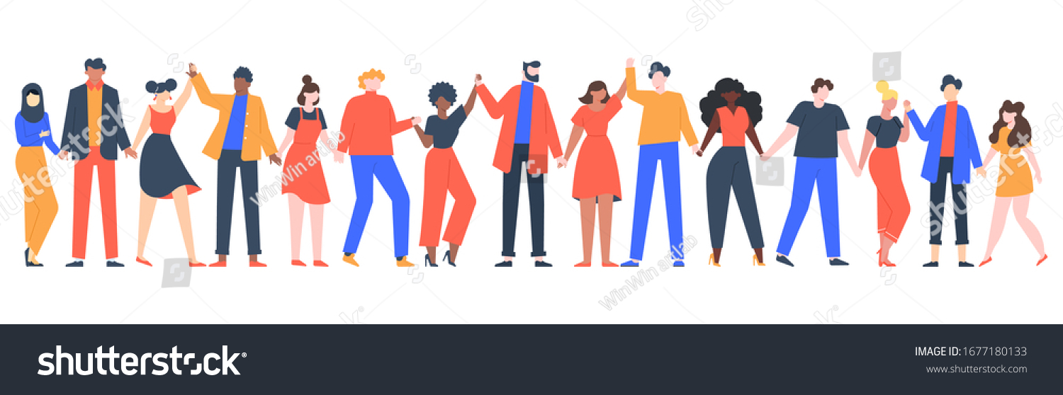 Group of smiling people. Team of young men and women holding hands, characters standing together, friendship, unity concept vector illustration. Group people woman and man standing #1677180133