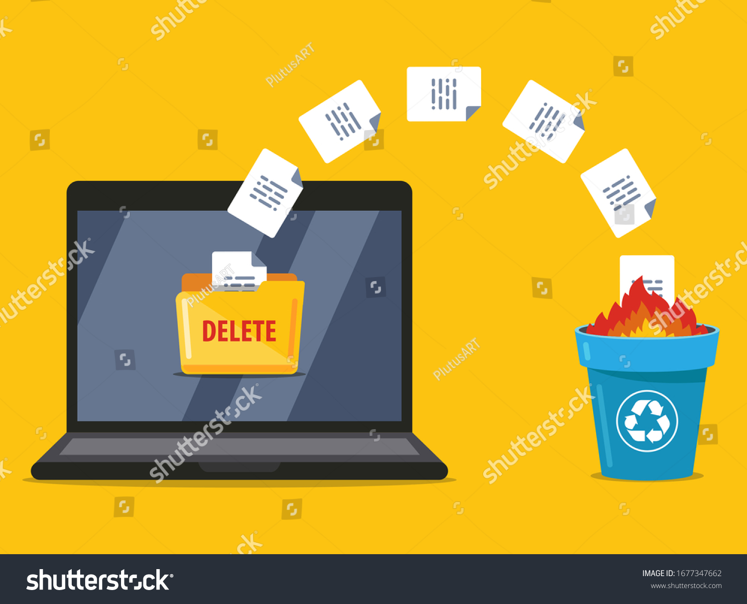 permanently deleting documents from the laptop to the trash. data burning. flat vector illustration. #1677347662