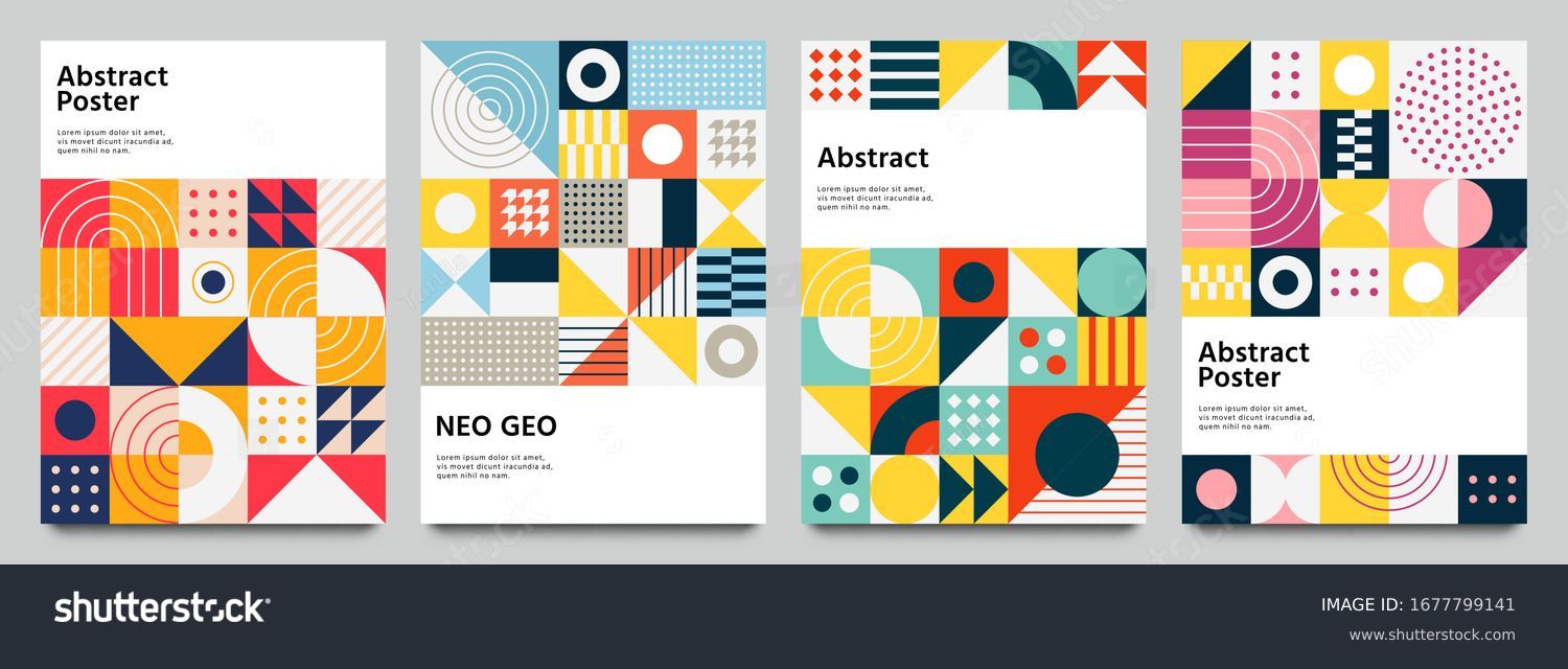 Color neo geo poster. Modern grid flyer with geometric shapes, geometry graphics and abstract background vector set. Geometry grid pattern banner vivid presentation illustration #1677799141