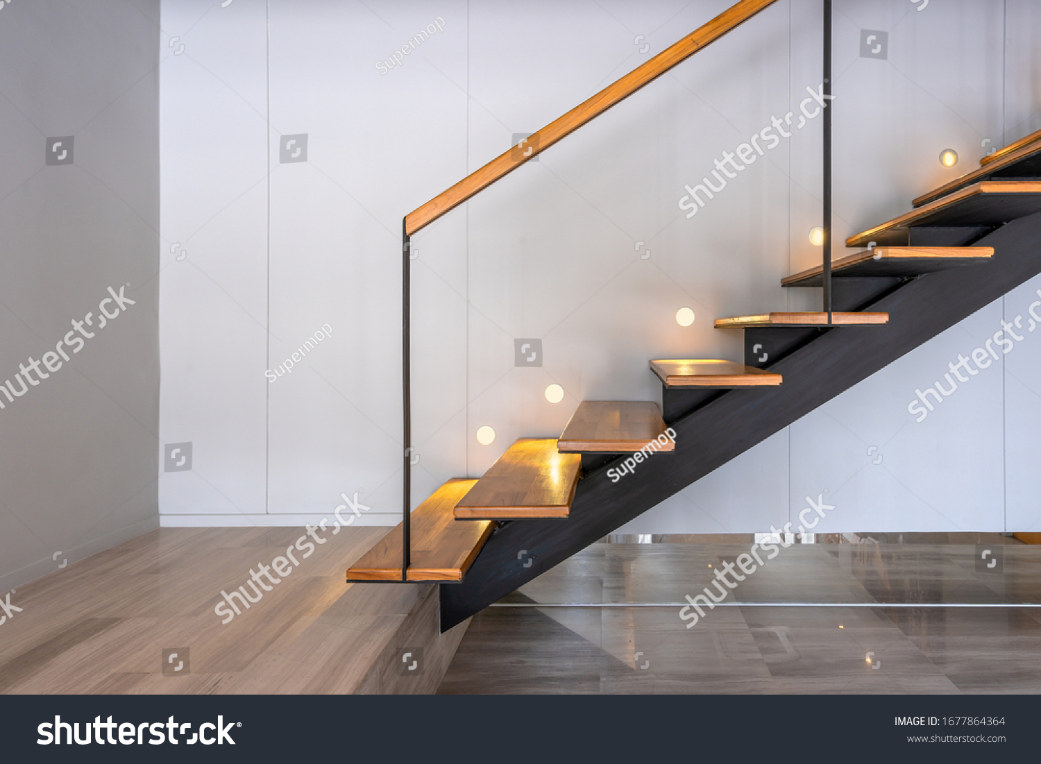 Stairway lights bulb for illumination as safety protection wooden stairs architecture interior design of contemporary, Modern house building stairway #1677864364