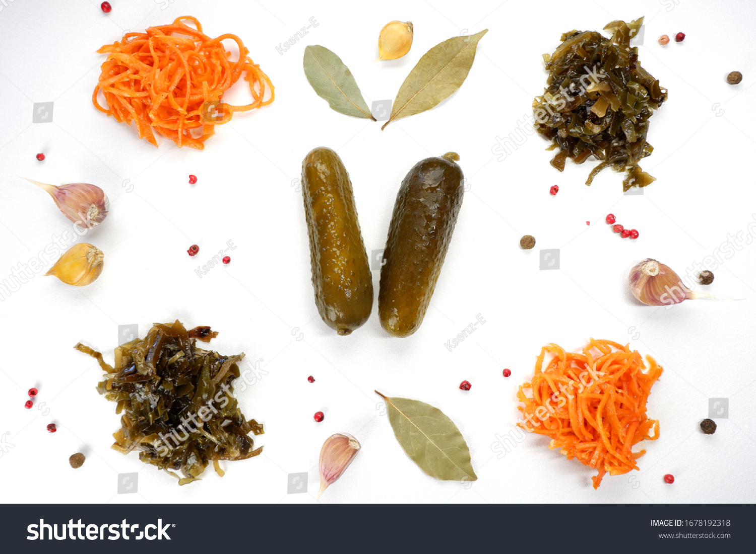 Pattern of pickled vegetables: cucumber, carrots, seaweed. View from above #1678192318
