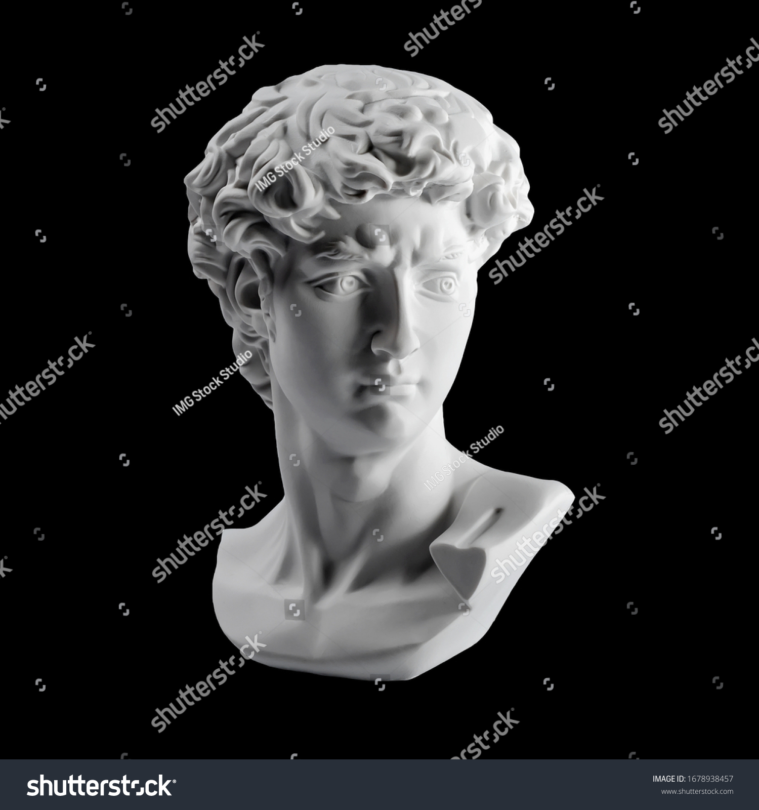 Gypsum statue of David's head. Michelangelo's David statue plaster copy isolated on black background. Ancient greek sculpture, statue of hero #1678938457