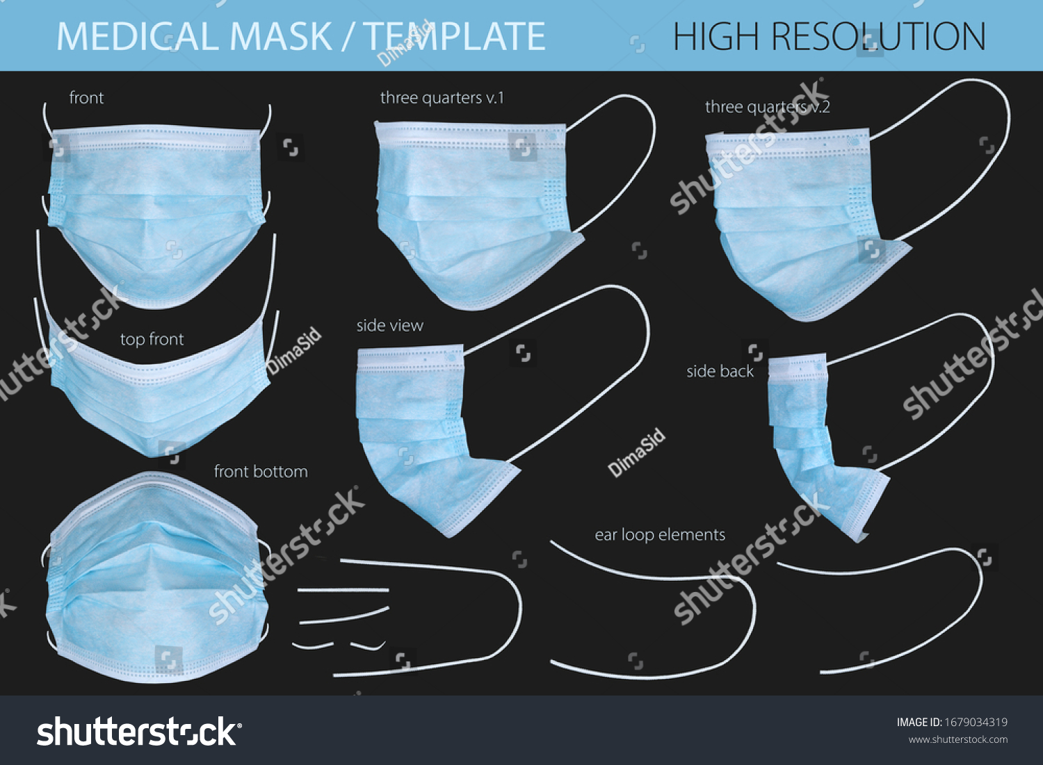 Medical mask isolated on black background, template. Medical mask whith clipping mask. Healthcare and medical concept. #1679034319