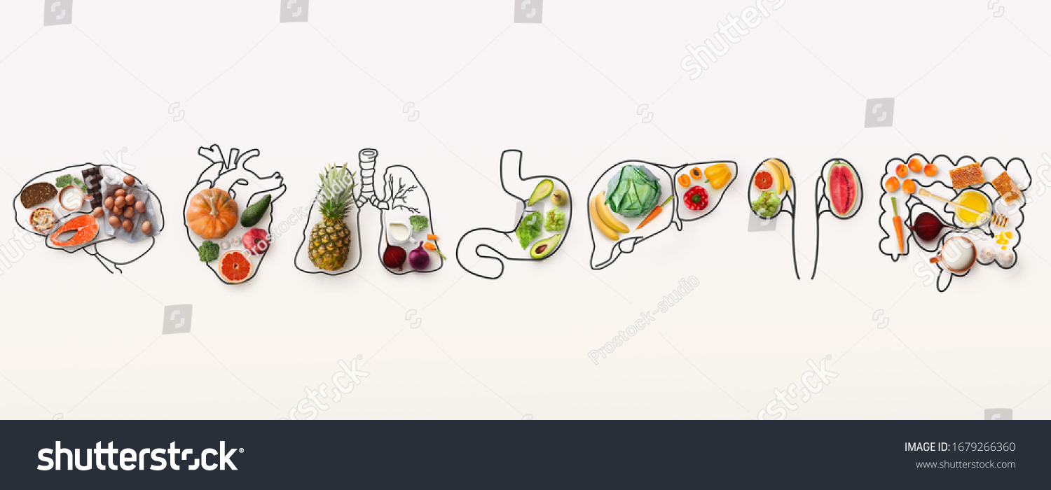Best menu for healthy body. Collage with outlines of human internal organs and wholesome foods on white background, panorama #1679266360