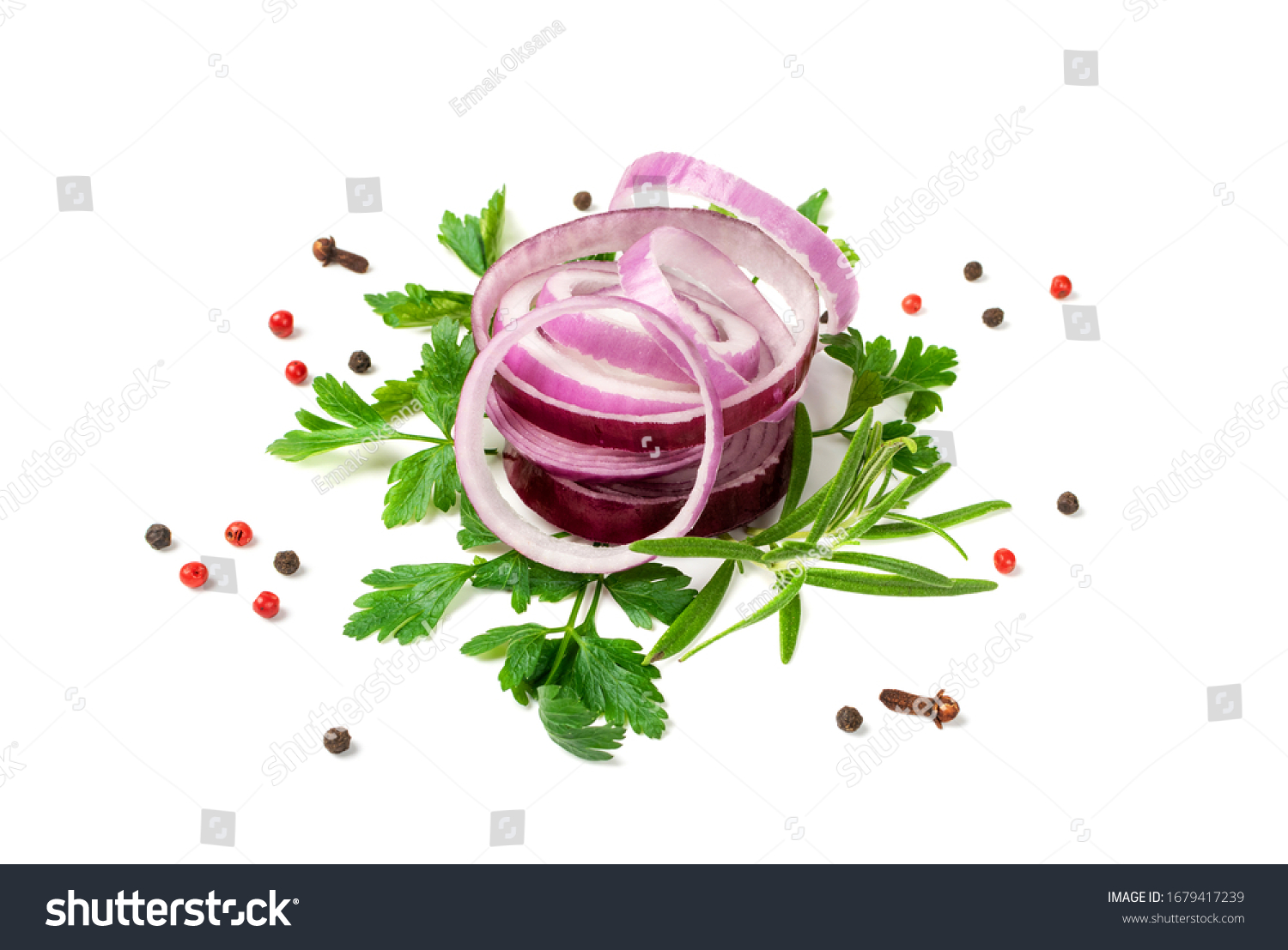 Fresh sliced red onion cuts isolated. Raw purple onion rings or shallot slices with greens and spices on white background #1679417239