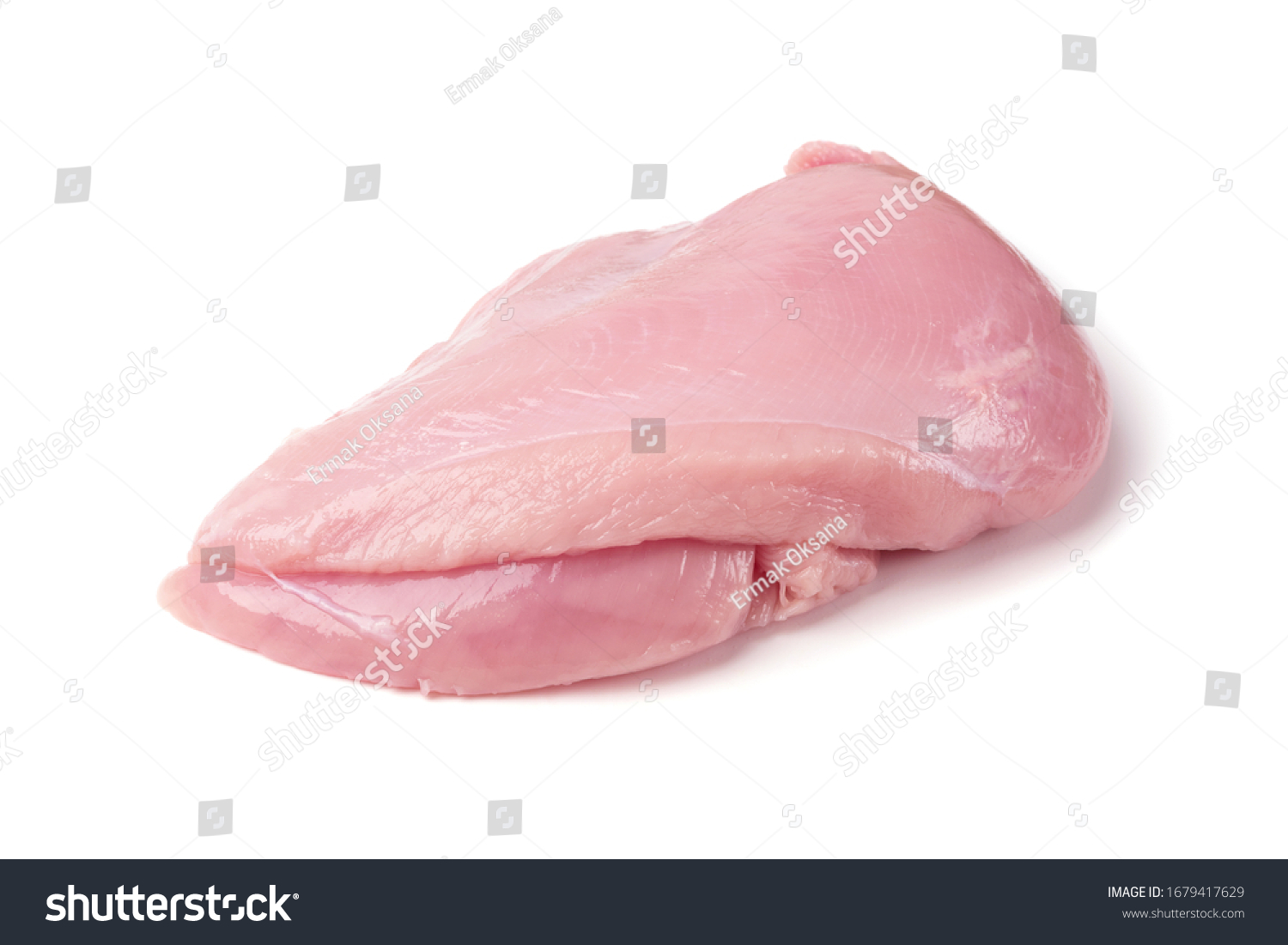 Raw turkey fillet isolated on white background top view. Fresh uncooked turkey breast meat for nuggets or escalope #1679417629