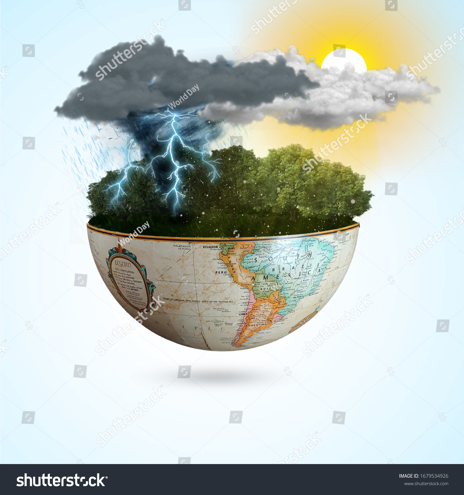 Meteorological day, World Meteorological day, March 23. Greeting card, Icon in the linear style, meteorology presentation, Windy day phenomenon, tree moving from the wind on Blue sky & sunlight #1679534926