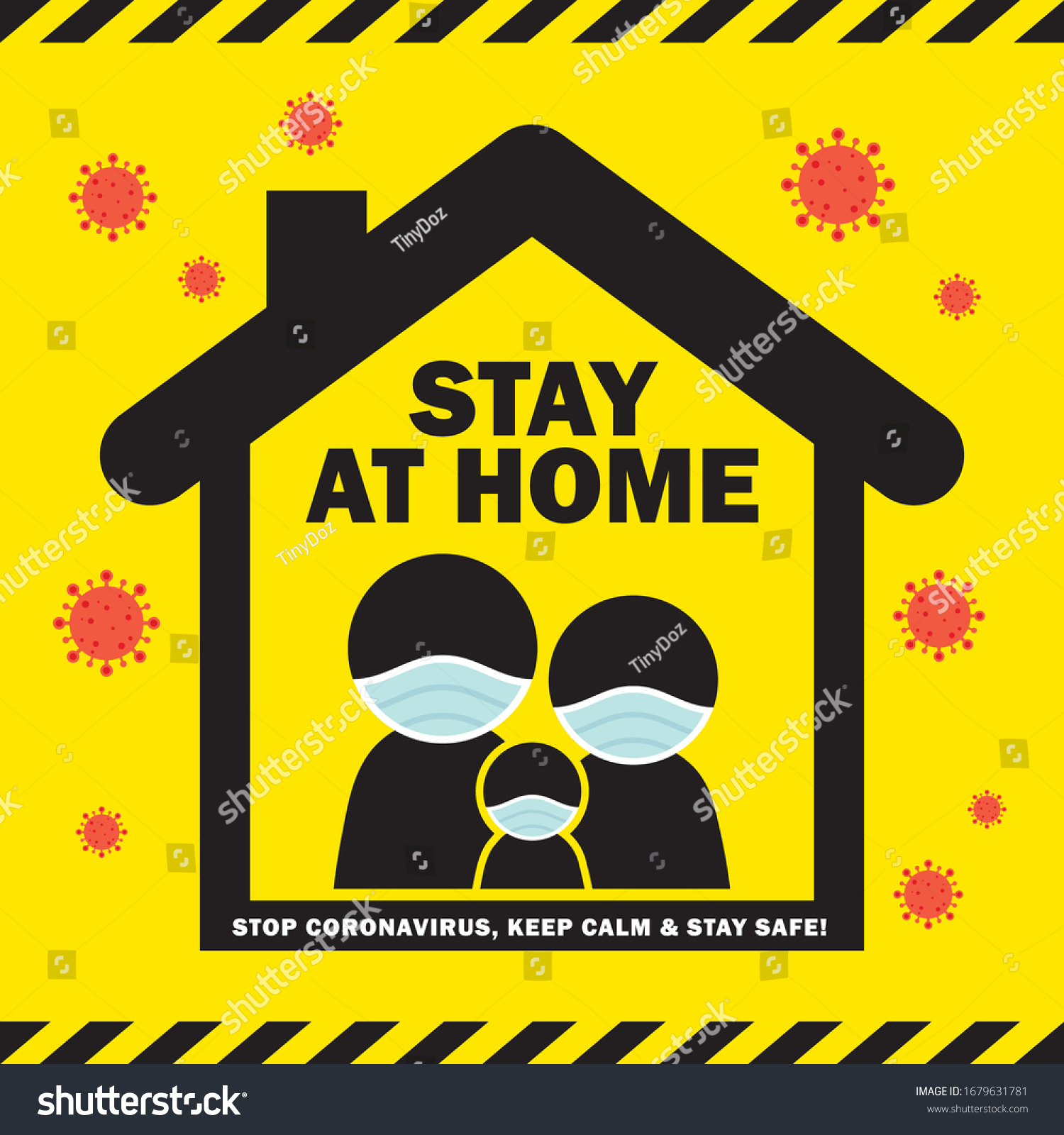 Covid-19 coronavirus quarantine campaign of stay at home flat design. Cartoon stick figure family wearing medical face mask stay home pictogram. Stop coronavirus, keep calm & stay safe illustration. #1679631781