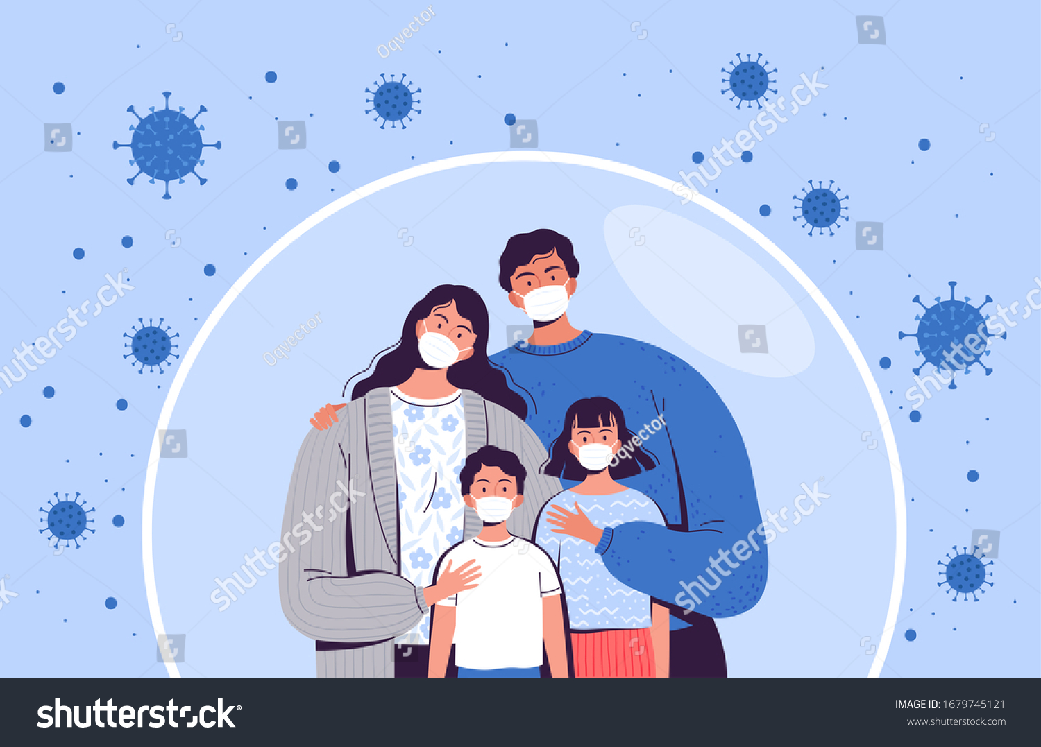 Family in medical masks stands in a protective bubble. Adults and children are protected from the new coronavirus COVID-2019 #1679745121