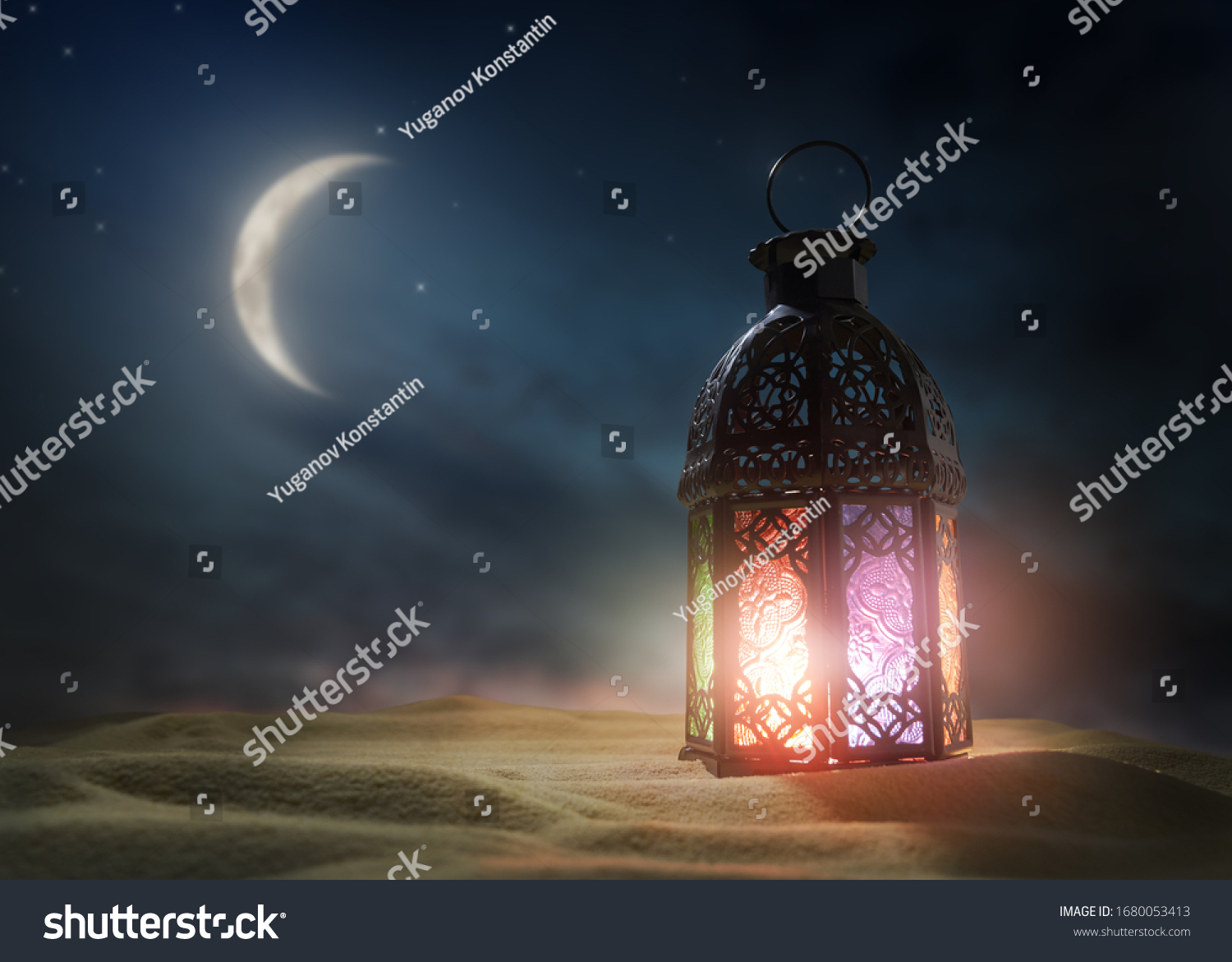 Ornamental Arabic lantern with burning candle glowing at night. Festive greeting card, invitation for Muslim holy month Ramadan Kareem. #1680053413