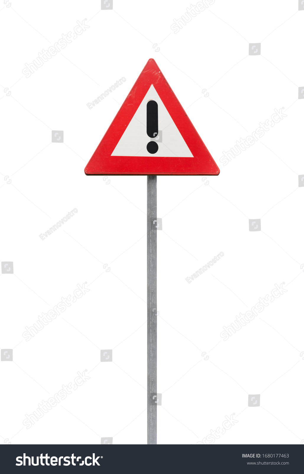 Warning road sign with black exclamation mark in red triangle isolated on white background #1680177463
