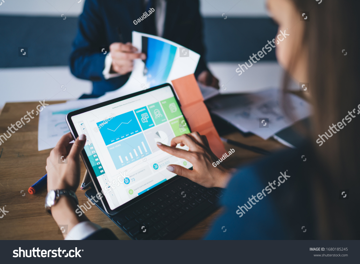Cropped image of female professional checking financial website with revenue statistics and marketing infographics, expert woman browsing web page with graph charts of corporate monetary gain #1680185245
