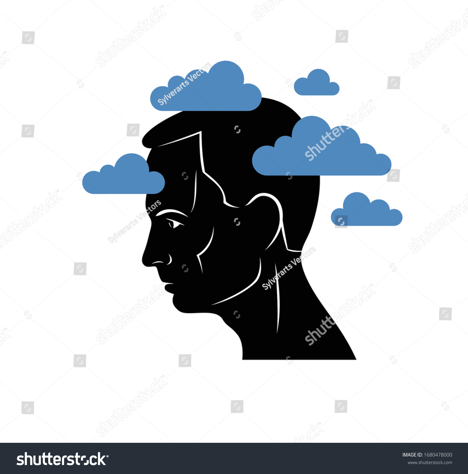 Depression mental health and high anxiety vector conceptual illustration or logo visualized by man face profile and dark clouds over his head. #1680478000