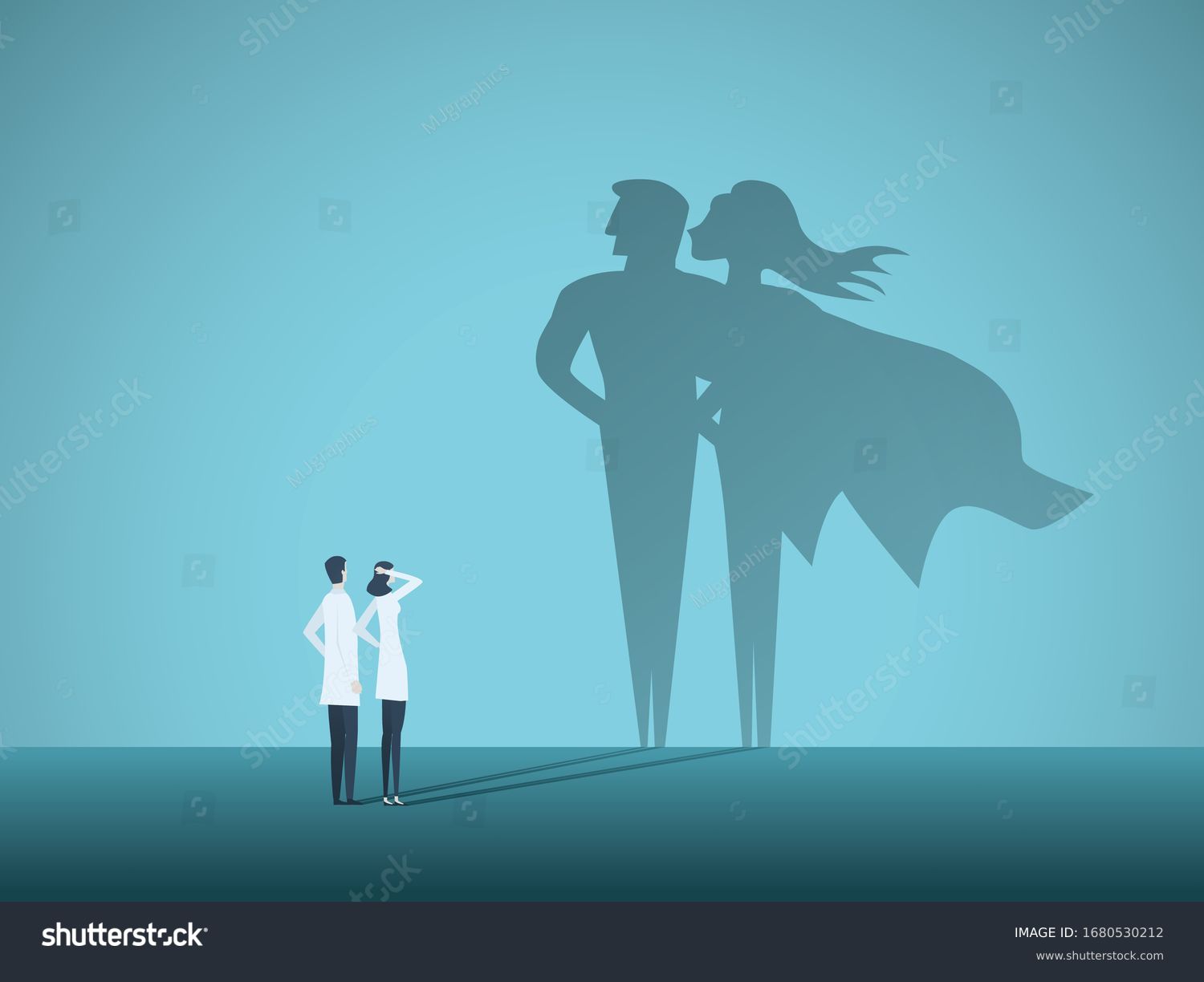 Doctors looking at superhero shadow on the wall. Hospital staff, nurses heroes fight coronavirus pandemic, epidemic. Strong, courage, brave life saving medical concept. Eps10 illustration. #1680530212