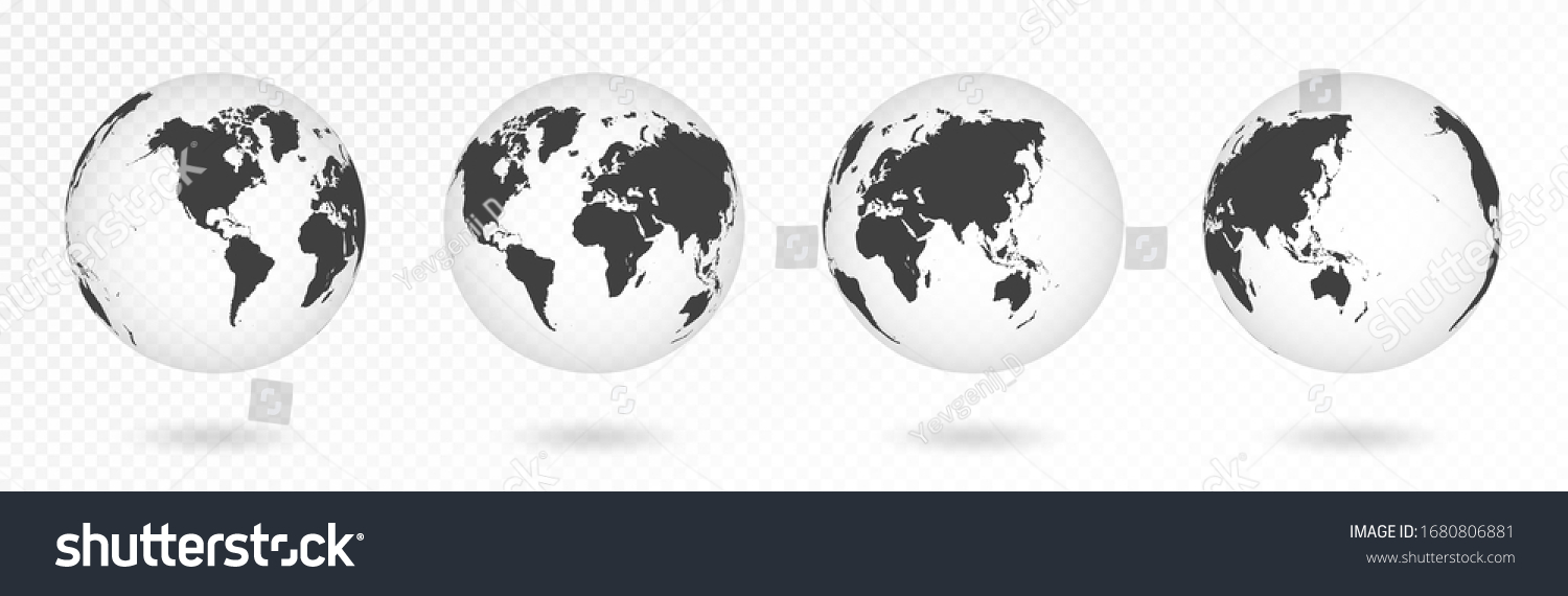 Set of transparent globes of Earth. Realistic world map in globe shape with transparent texture and shadow. Abstract 3d globe icon. Vector #1680806881